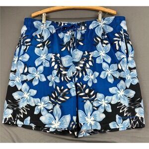 Speedo Swim Trunks Mens Large Blue Black Floral Hibiscus Mesh Lined Board Shorts